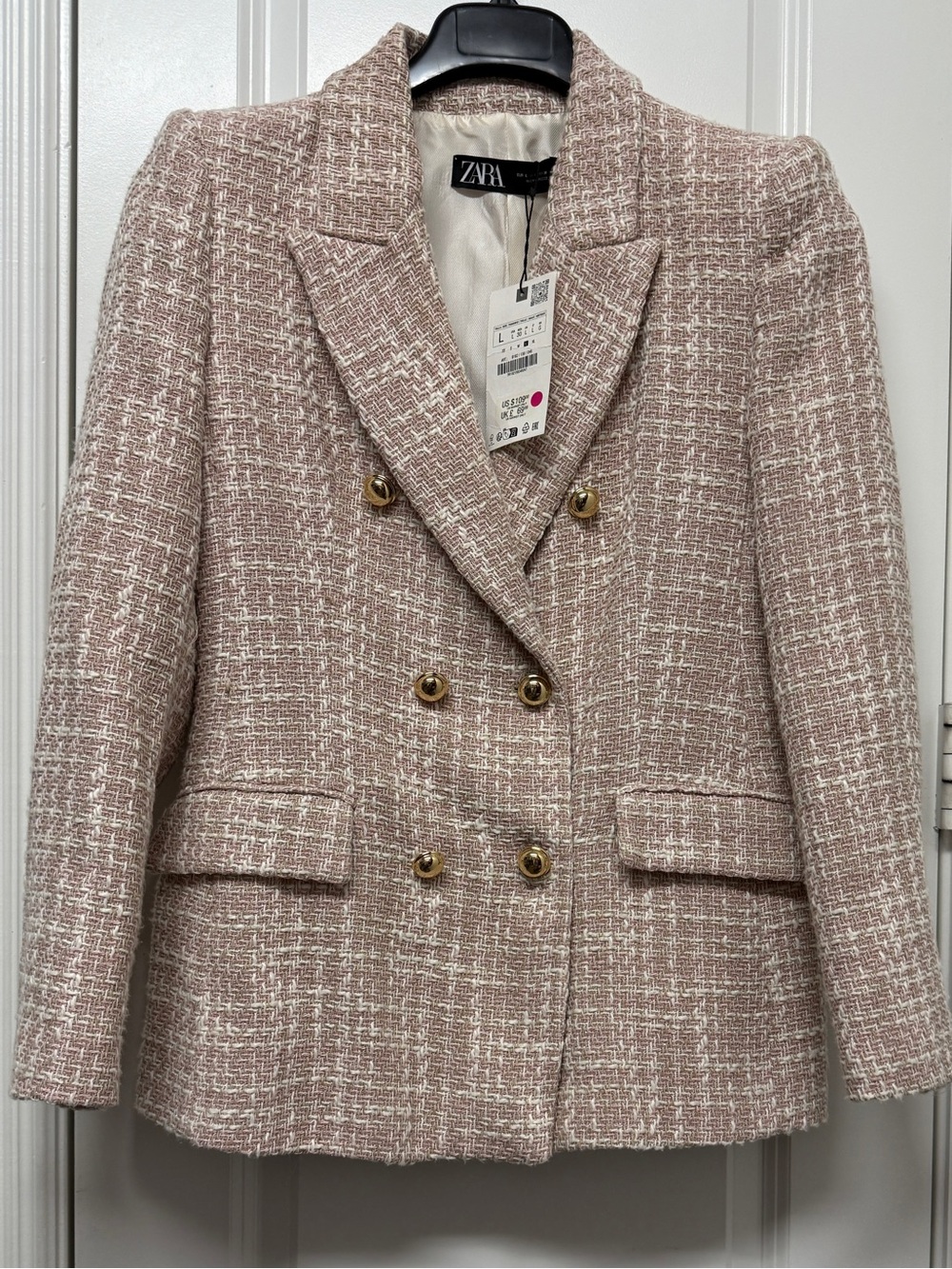 Zara Pink Tweed Double-Breasted Blazer sz L NWT - Picture 2 of 5
